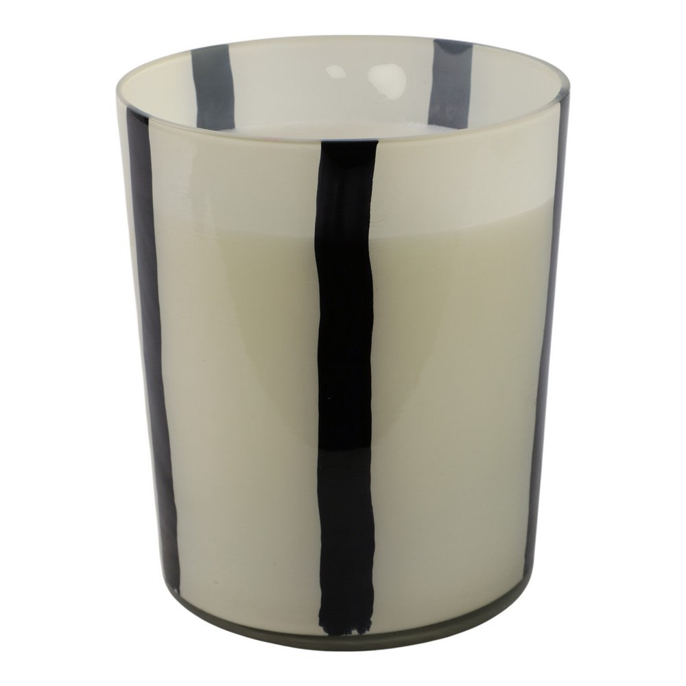 Ochs Candle | 105oz Red-Currant Oak | Black Striped Design 9" White Glass