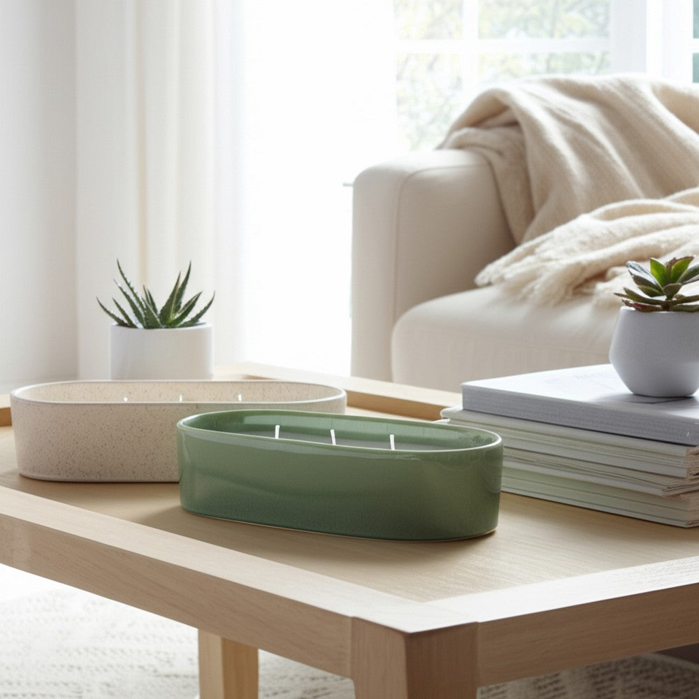 Oval Candle Set of 2 | Ginger Grapefruit Scented | Green & White Ceramic