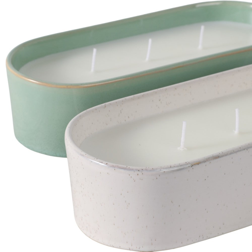 Oval Candle Set of 2 | Ginger Grapefruit Scented | Green & White Ceramic