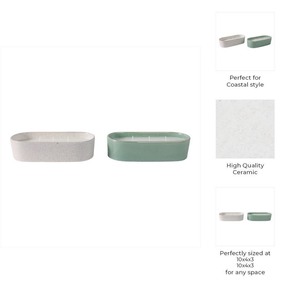 Oval Candle Set of 2 | Ginger Grapefruit Scented | Green & White Ceramic