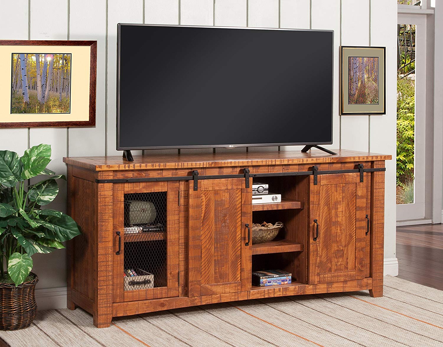 Wood and Metal TV Stand With 2 Mesh Style Doors, Honey Tobacco Brown By Casagear Home