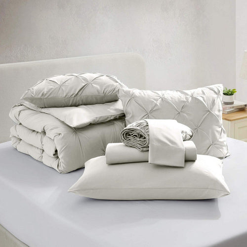 Sleeptone 7 Pc King Size Comforter Set, Pleated, Off White