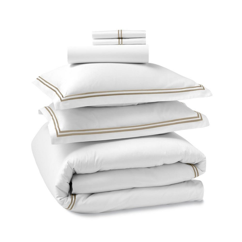 Sleeptone 6pc Queen Size Sheet Set, White Satin, Taupe Stitching