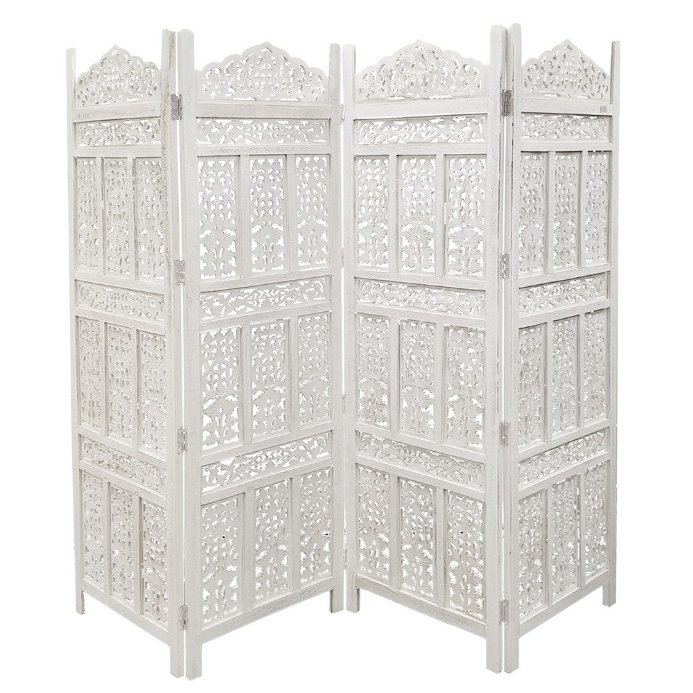71" 4-Panel Carved Wood Room Divider Screen, White By The Urban Port