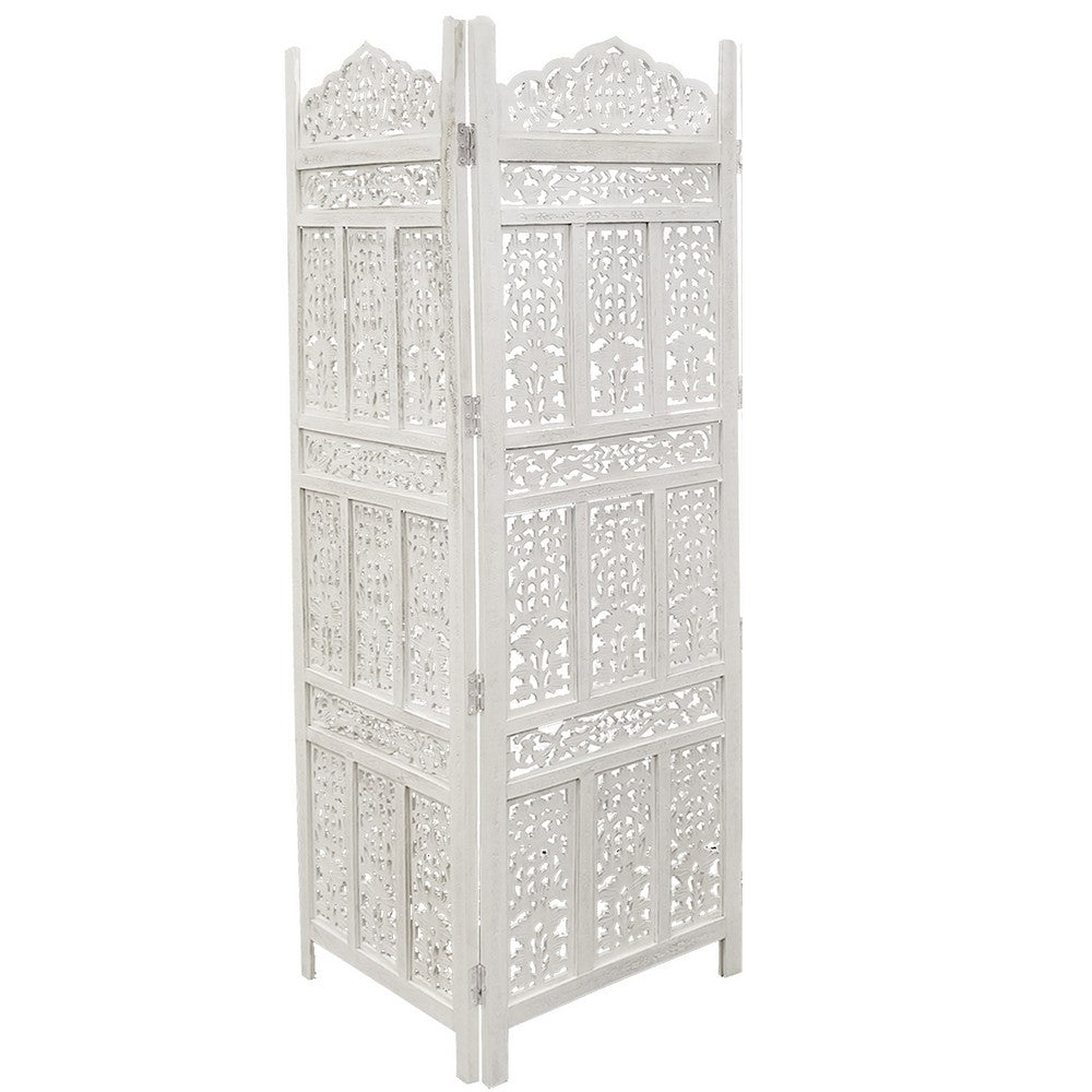 71" 4-Panel Carved Wood Room Divider Screen, White By The Urban Port