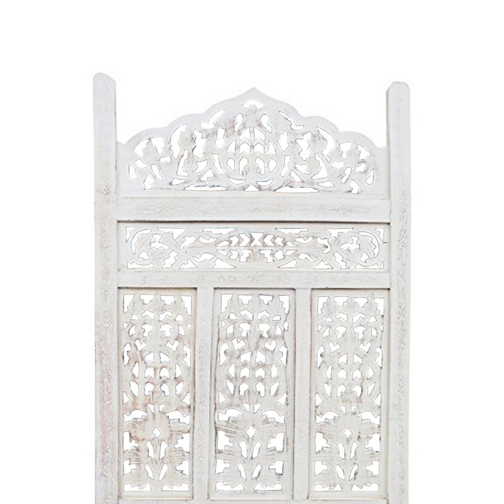 71" 4-Panel Carved Wood Room Divider Screen, White By The Urban Port