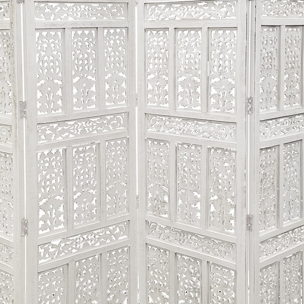 71" 4-Panel Carved Wood Room Divider Screen, White By The Urban Port