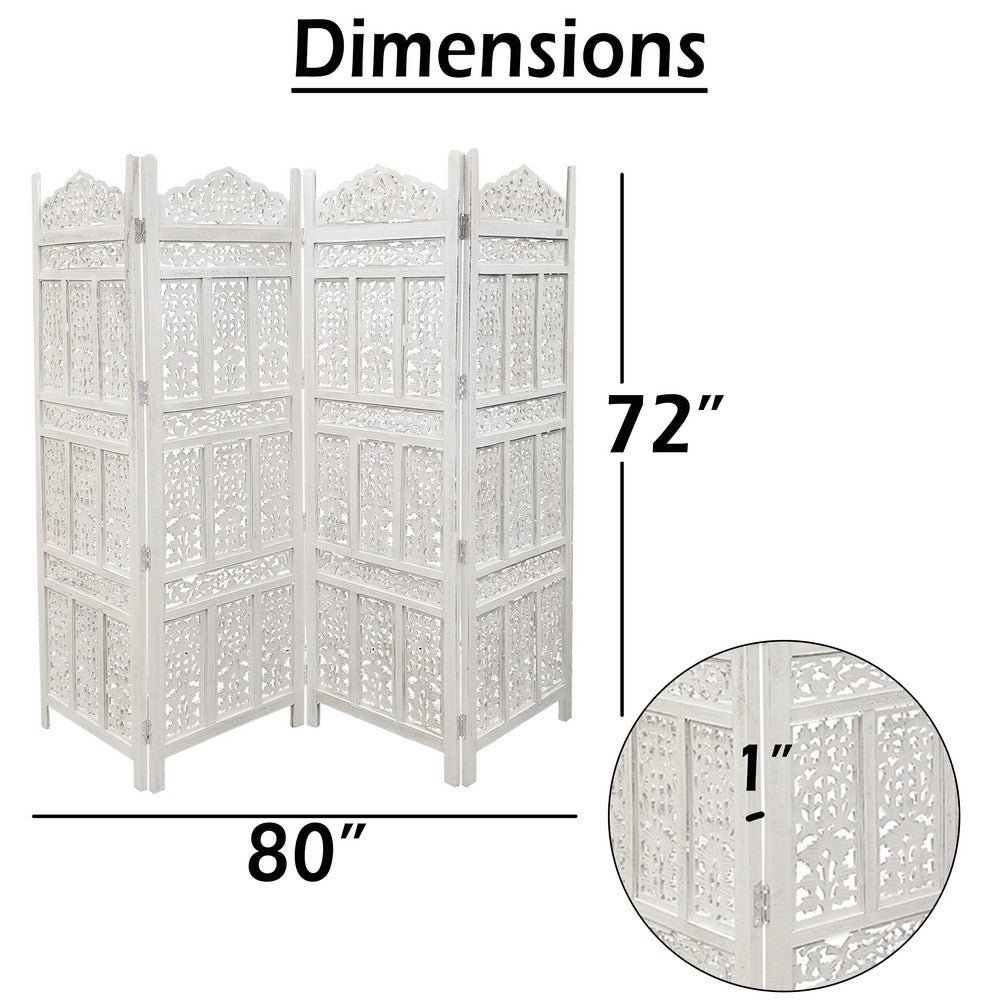 71" 4-Panel Carved Wood Room Divider Screen, White By The Urban Port
