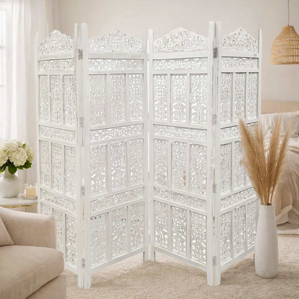 71" 4-Panel Carved Wood Room Divider Screen, White By The Urban Port