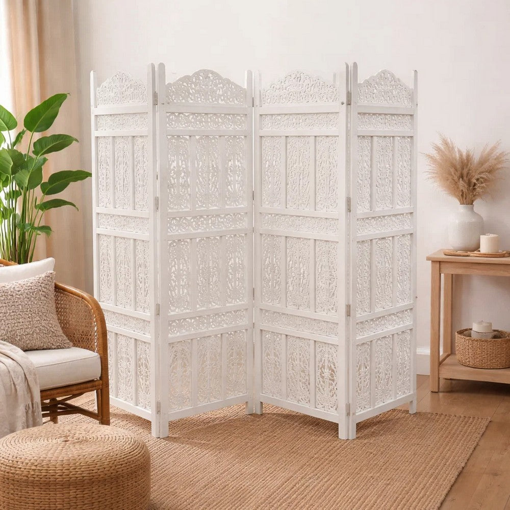 71" 4-Panel Carved Wood Room Divider Screen, White By The Urban Port