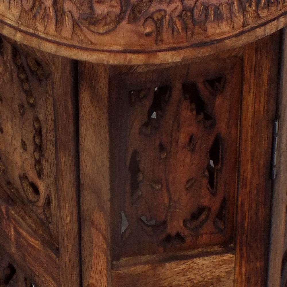 18 Inch Mango Wood Folding Accent Table, Hand Carved, Walnut Brown  By The Urban Port