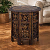 18 Inch Mango Wood Folding Accent Table, Hand Carved, Walnut Brown  By The Urban Port