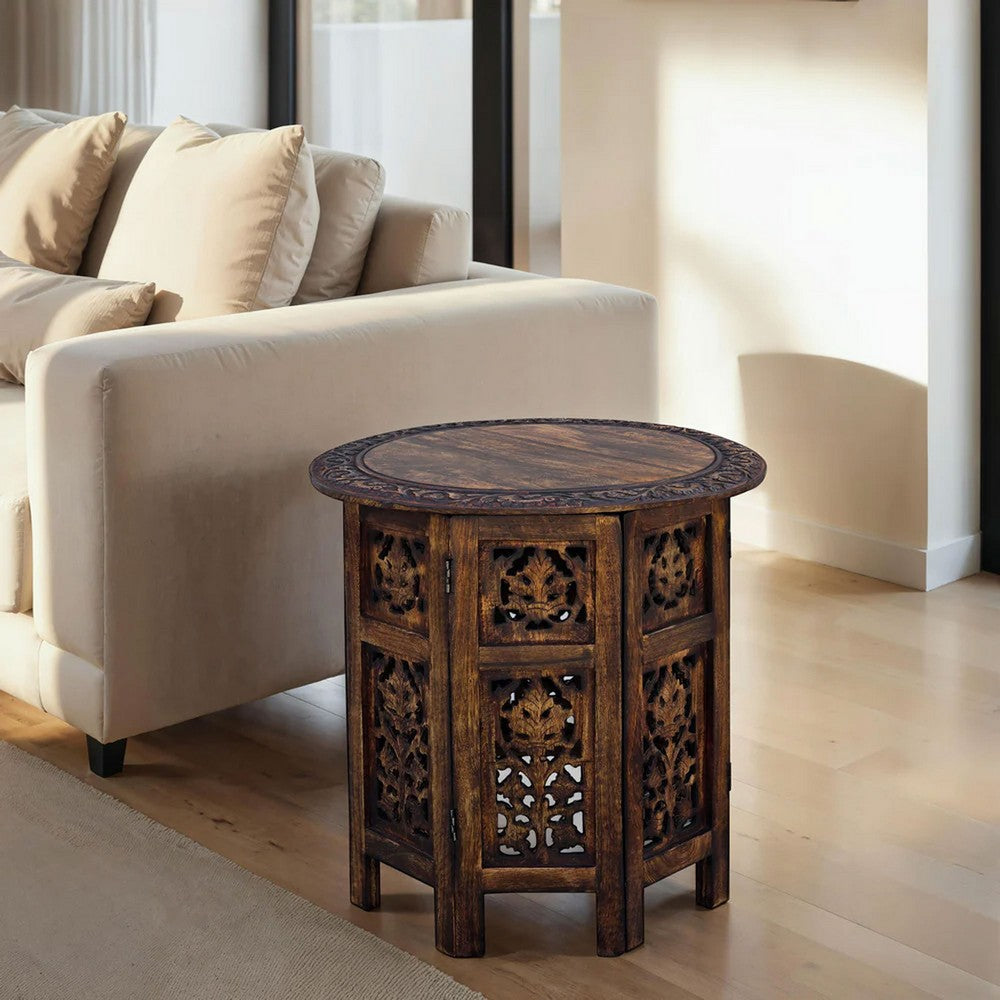 18 Inch Mango Wood Folding Accent Table, Hand Carved, Walnut Brown  By The Urban Port