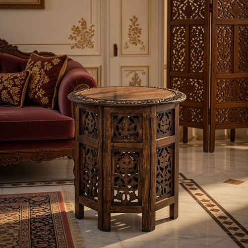 18 Inch Mango Wood Folding Accent Table, Hand Carved, Walnut Brown By The Urban Port