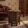 18 Inch Mango Wood Folding Accent Table, Hand Carved, Walnut Brown  By The Urban Port