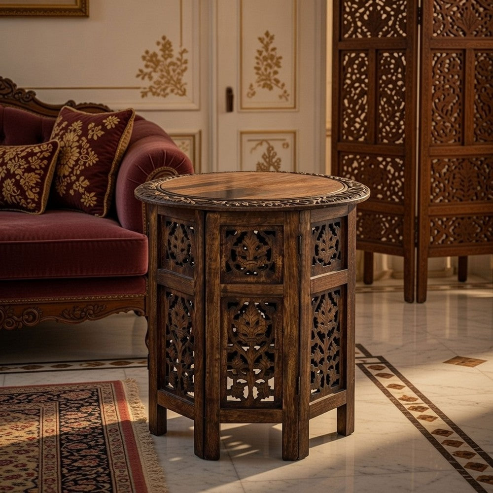 18 Inch Mango Wood Folding Accent Table, Hand Carved, Walnut Brown  By The Urban Port