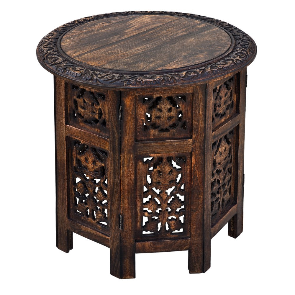 18 Inch Mango Wood Folding Accent Table, Hand Carved, Walnut Brown  By The Urban Port