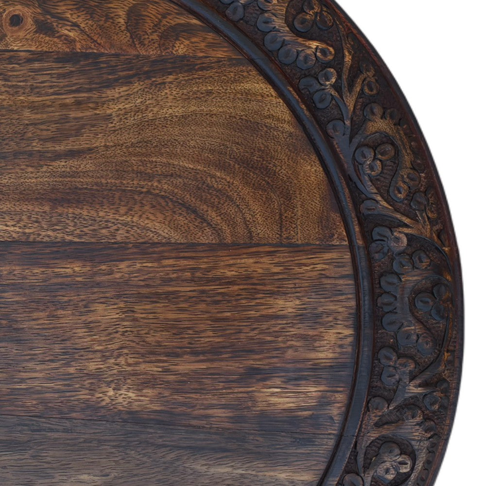 18 Inch Mango Wood Folding Accent Table, Hand Carved, Walnut Brown  By The Urban Port
