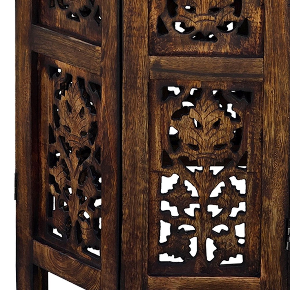 18 Inch Mango Wood Folding Accent Table, Hand Carved, Walnut Brown  By The Urban Port