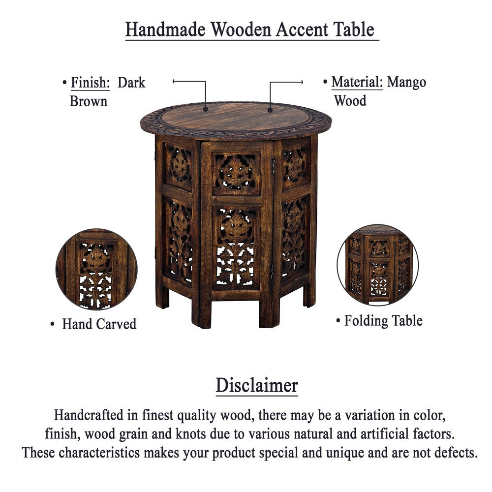 18 Inch Mango Wood Folding Accent Table, Hand Carved, Walnut Brown  By The Urban Port