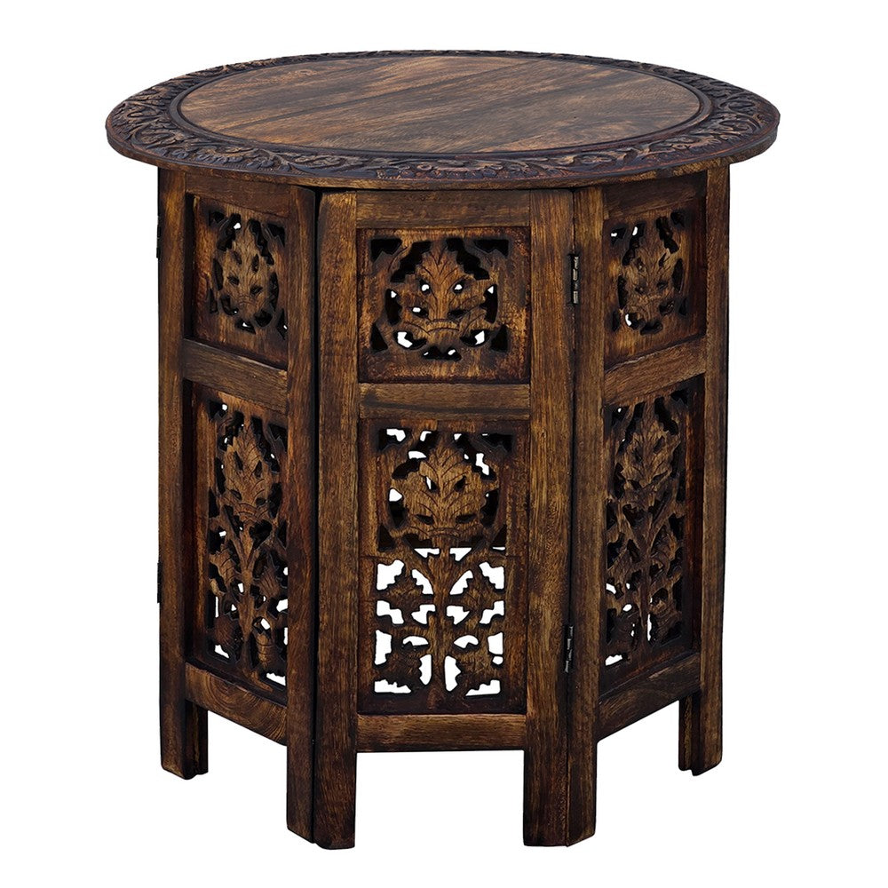 18 Inch Mango Wood Folding Accent Table, Hand Carved, Walnut Brown  By The Urban Port