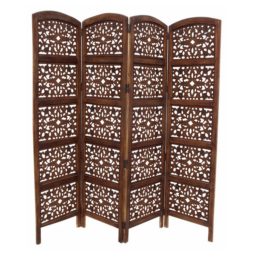 80" 4-Panel Hand Carved Wood Room Divider Screen, Brown By The Urban Port