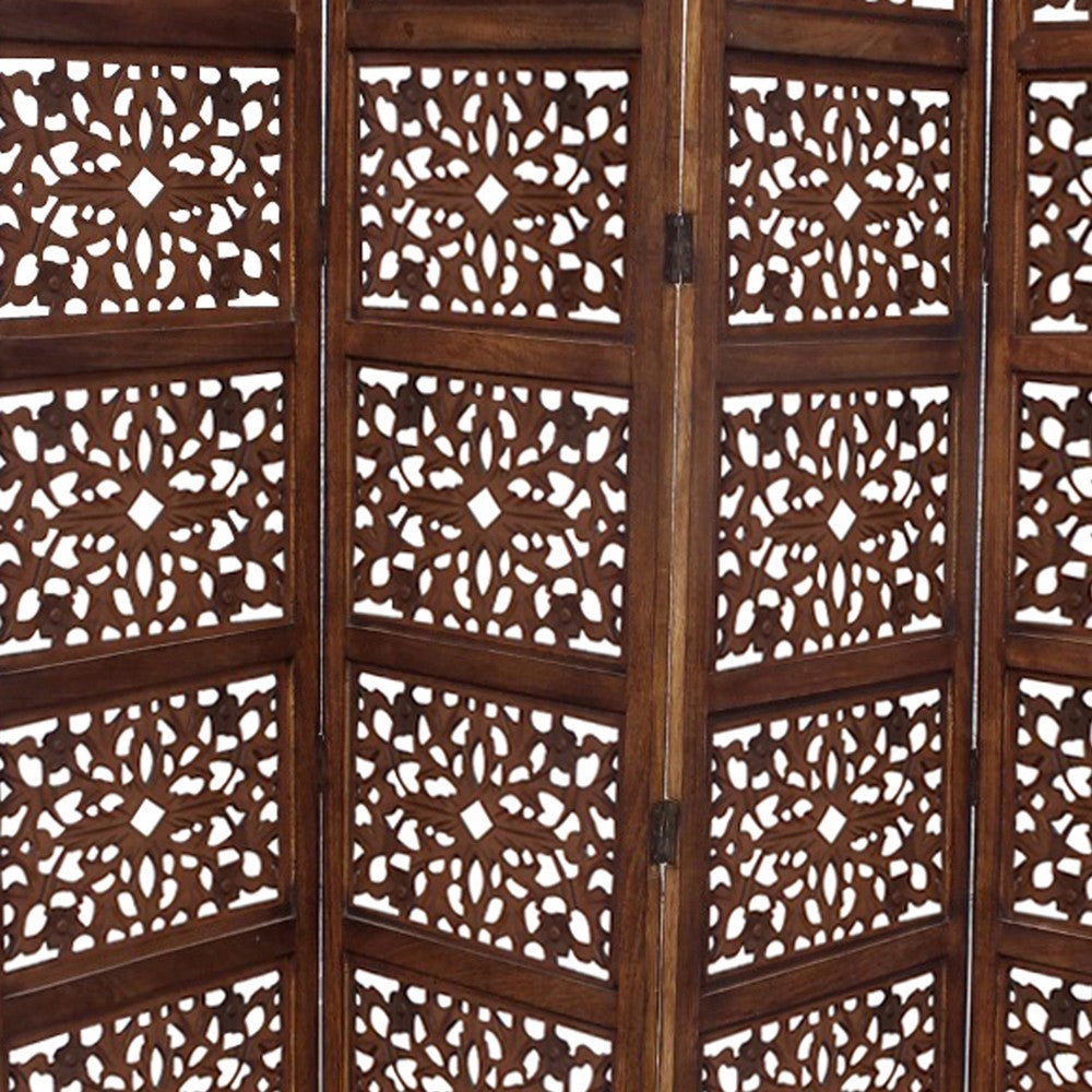 80" 4-Panel Hand Carved Wood Room Divider Screen, Brown By The Urban Port