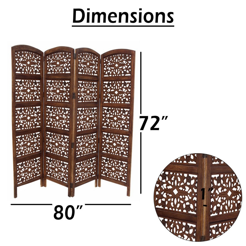 80" 4-Panel Hand Carved Wood Room Divider Screen, Brown By The Urban Port