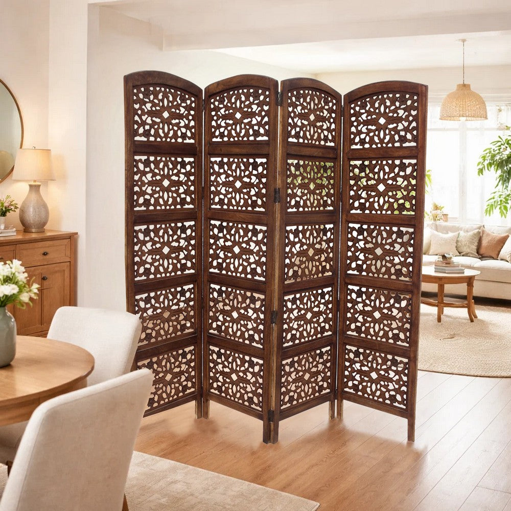 80" 4-Panel Hand Carved Wood Room Divider Screen, Brown By The Urban Port