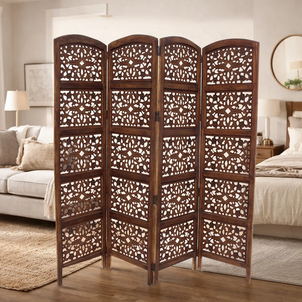 80" 4-Panel Hand Carved Wood Room Divider Screen, Brown By The Urban Port