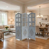 Three Panel Wooden Room Divider with Traditional Carvings and Cutouts, Blue By The Urban Port