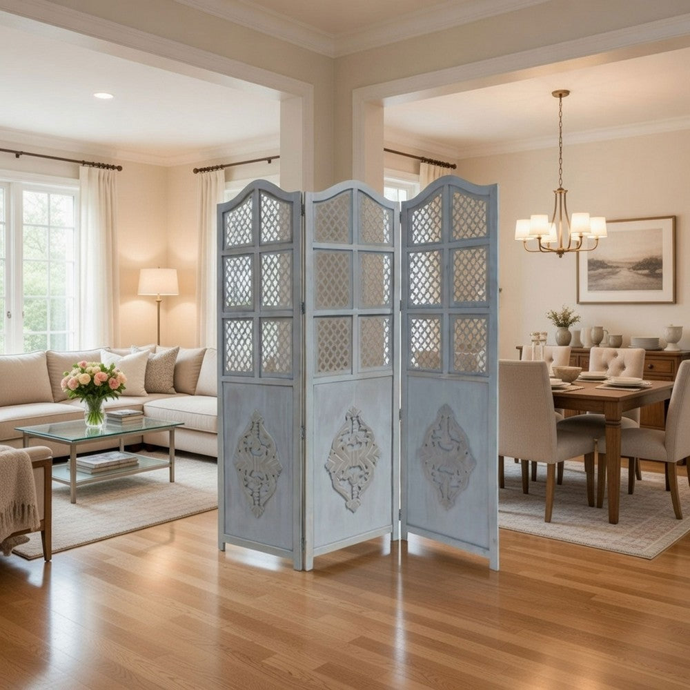 Three Panel Wooden Room Divider with Traditional Carvings and Cutouts, Blue By The Urban Port