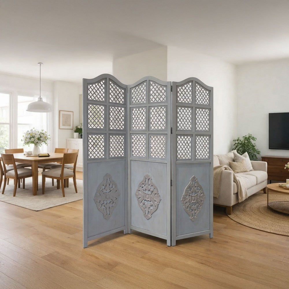 Three Panel Wooden Room Divider with Traditional Carvings and Cutouts, Blue By The Urban Port