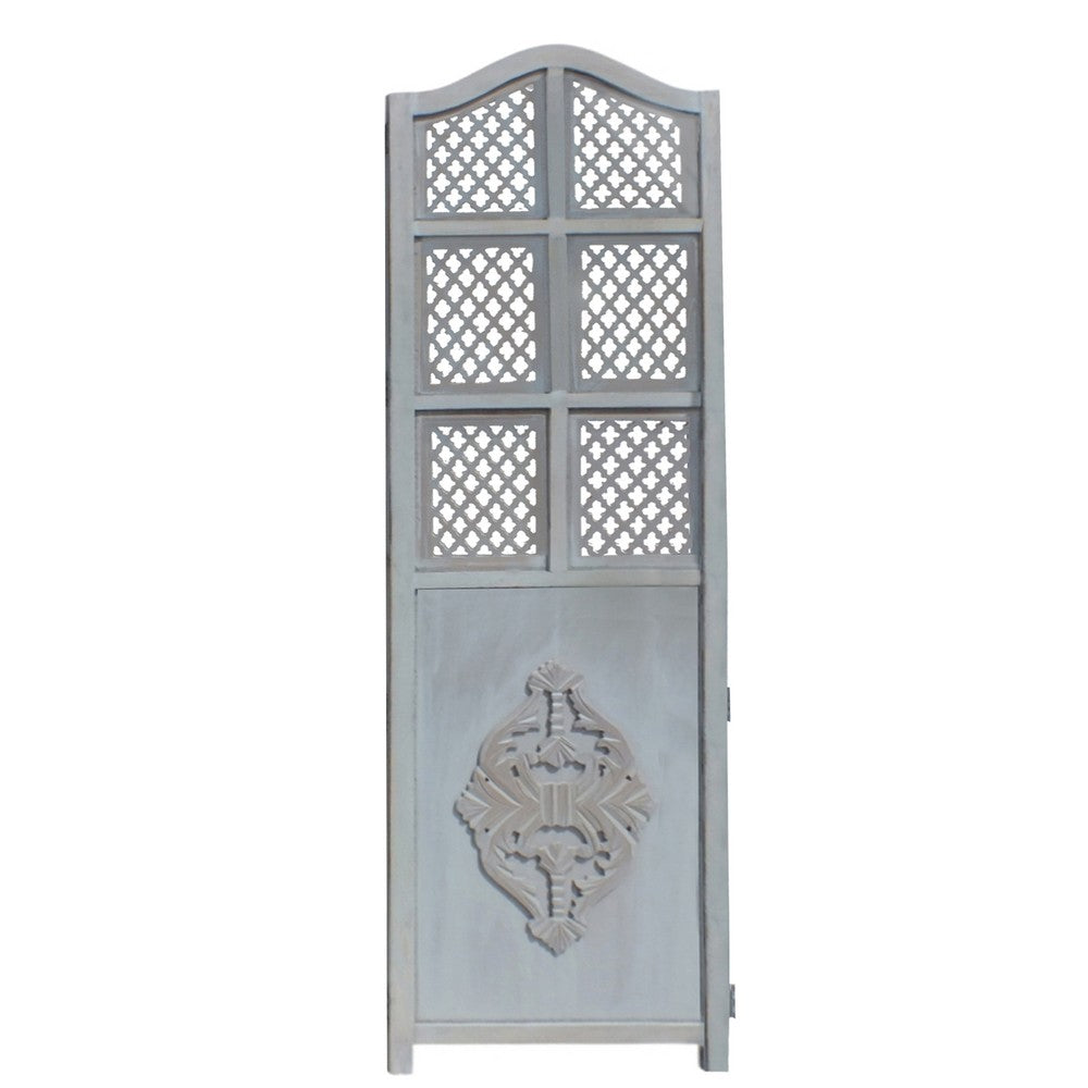 Three Panel Wooden Room Divider with Traditional Carvings and Cutouts, Blue By The Urban Port