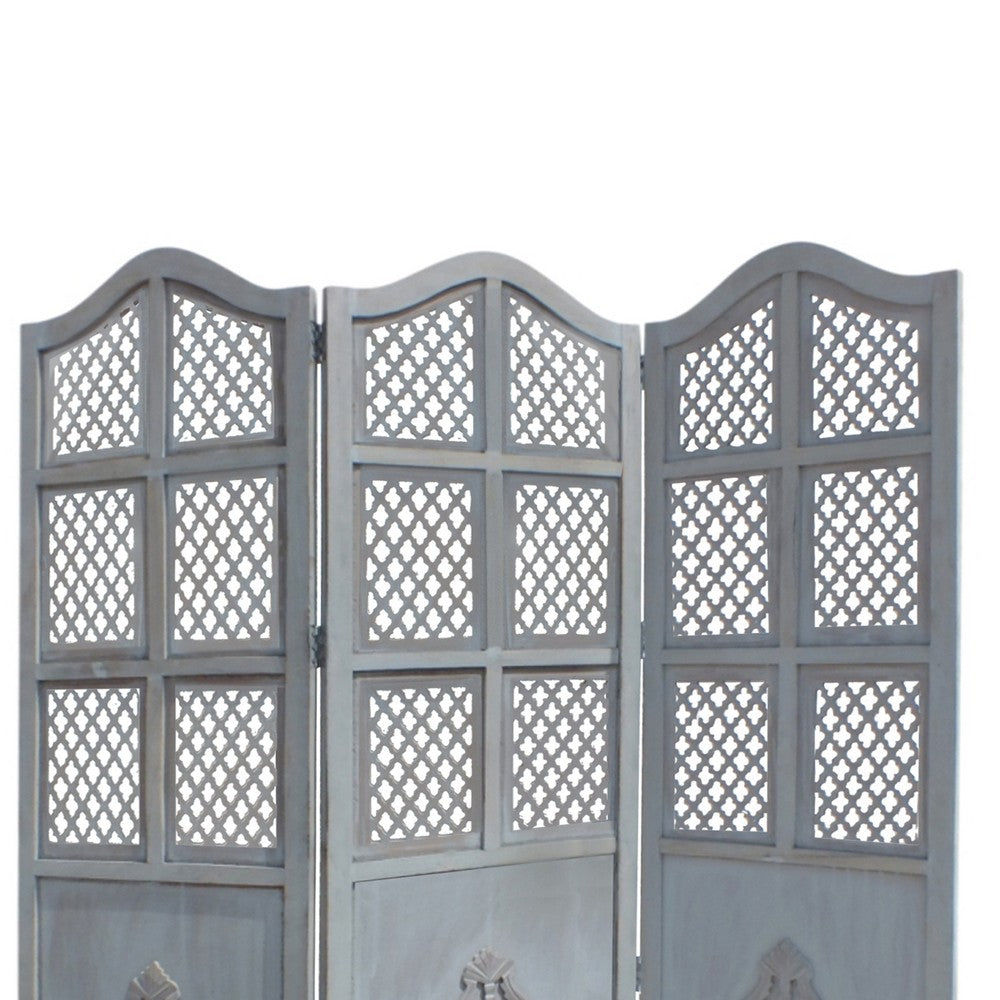 Three Panel Wooden Room Divider with Traditional Carvings and Cutouts, Blue By The Urban Port