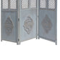Three Panel Wooden Room Divider with Traditional Carvings and Cutouts, Blue By The Urban Port