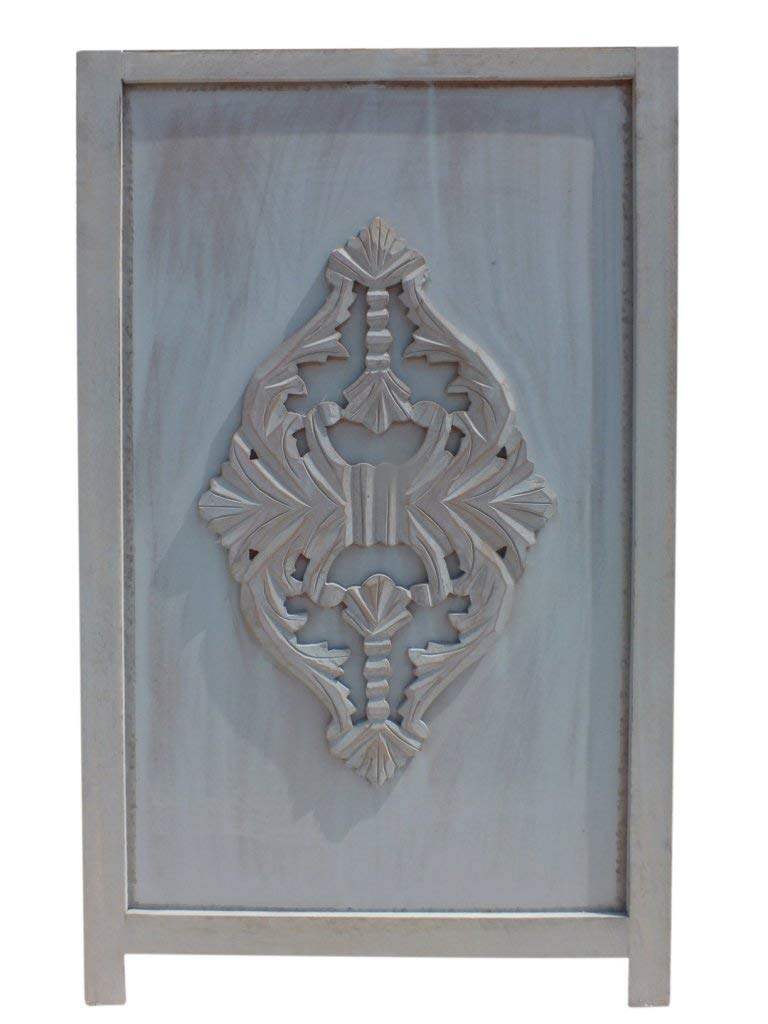 Three Panel Wooden Room Divider with Traditional Carvings and Cutouts, Blue By The Urban Port