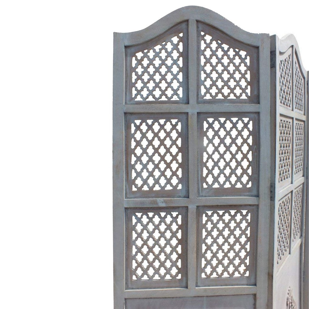Three Panel Wooden Room Divider with Traditional Carvings and Cutouts, Blue By The Urban Port