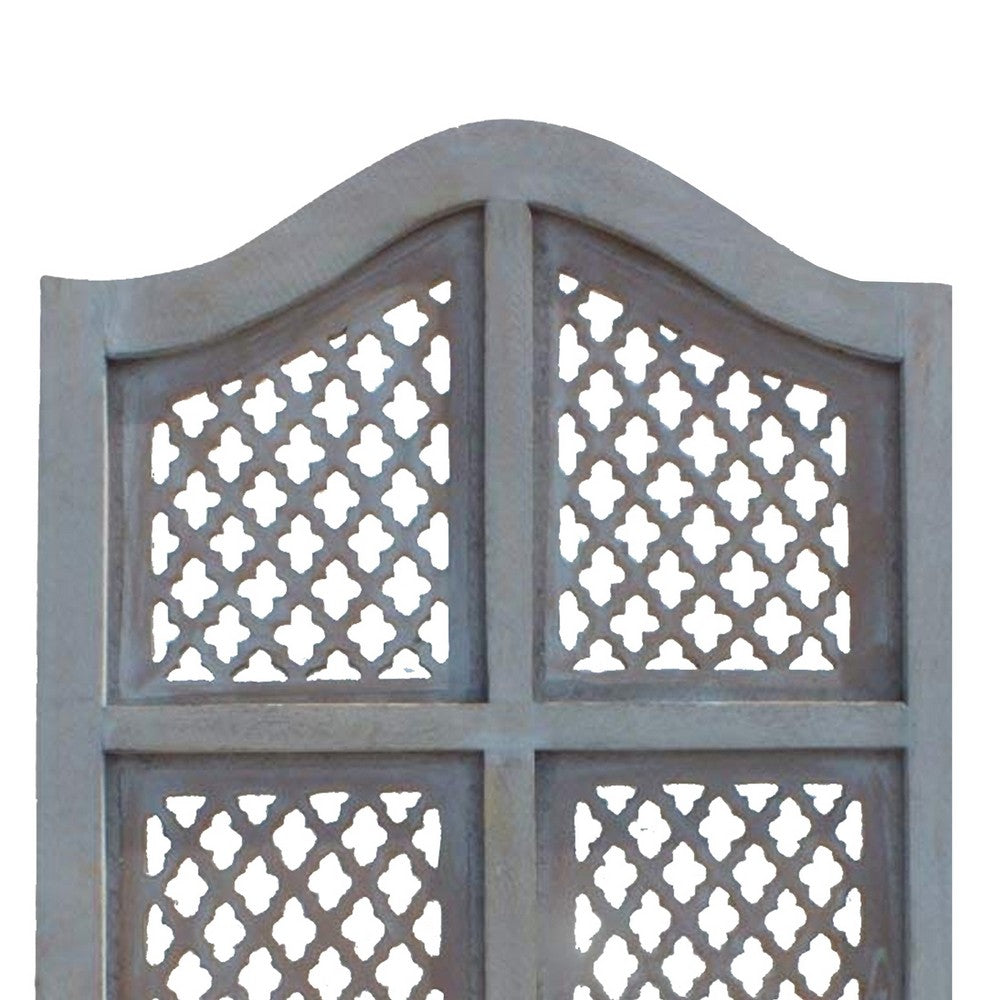 Three Panel Wooden Room Divider with Traditional Carvings and Cutouts, Blue By The Urban Port