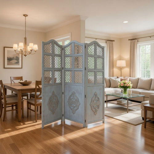 Three Panel Wooden Room Divider with Traditional Carvings and Cutouts, Blue By The Urban Port