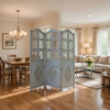 Three Panel Wooden Room Divider with Traditional Carvings and Cutouts, Blue By The Urban Port