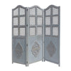 Three Panel Wooden Room Divider with Traditional Carvings and Cutouts, Blue By The Urban Port