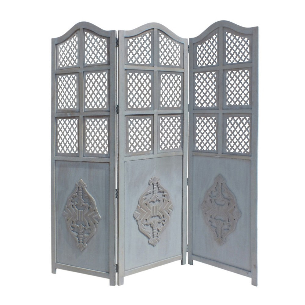 Three Panel Wooden Room Divider with Traditional Carvings and Cutouts, Blue By The Urban Port