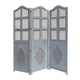 Three Panel Wooden Room Divider with Traditional Carvings and Cutouts, Blue By The Urban Port