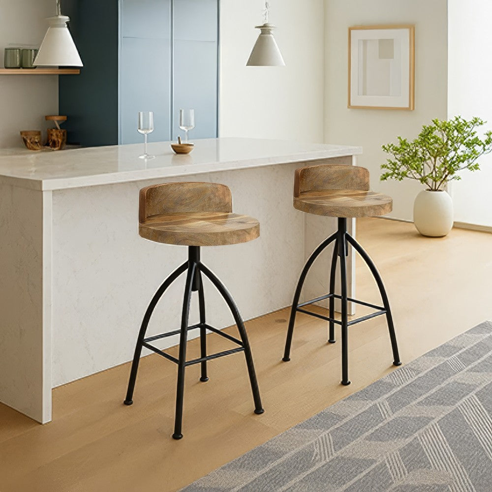 Pia 25-31 Inch Set of 2 Industrial Style Counter Height Stools with Adjustable Swivel Seat, Brown, Black By The Urban Port