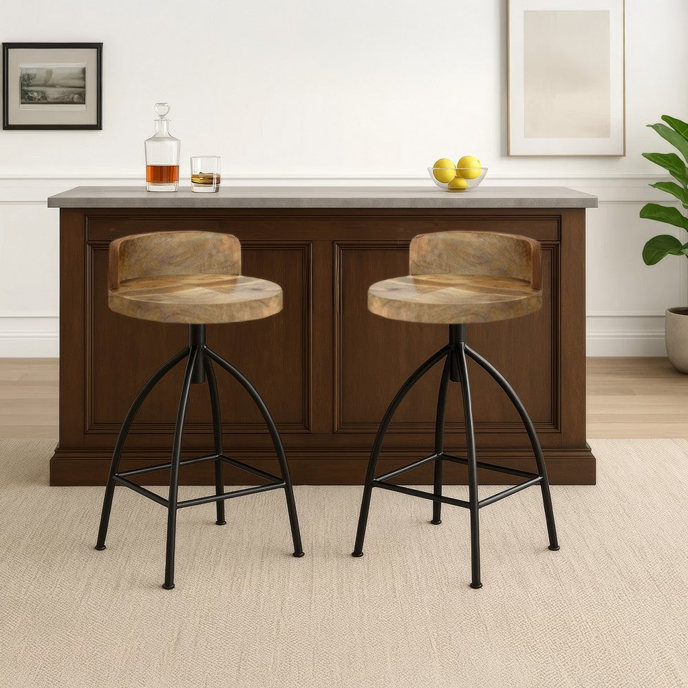 Pia 32-35 Extra Tall Adjustable Barstool, Set of 2, Natural Brown Mango Wood Seat, Black Iron Frame By The Urban Port