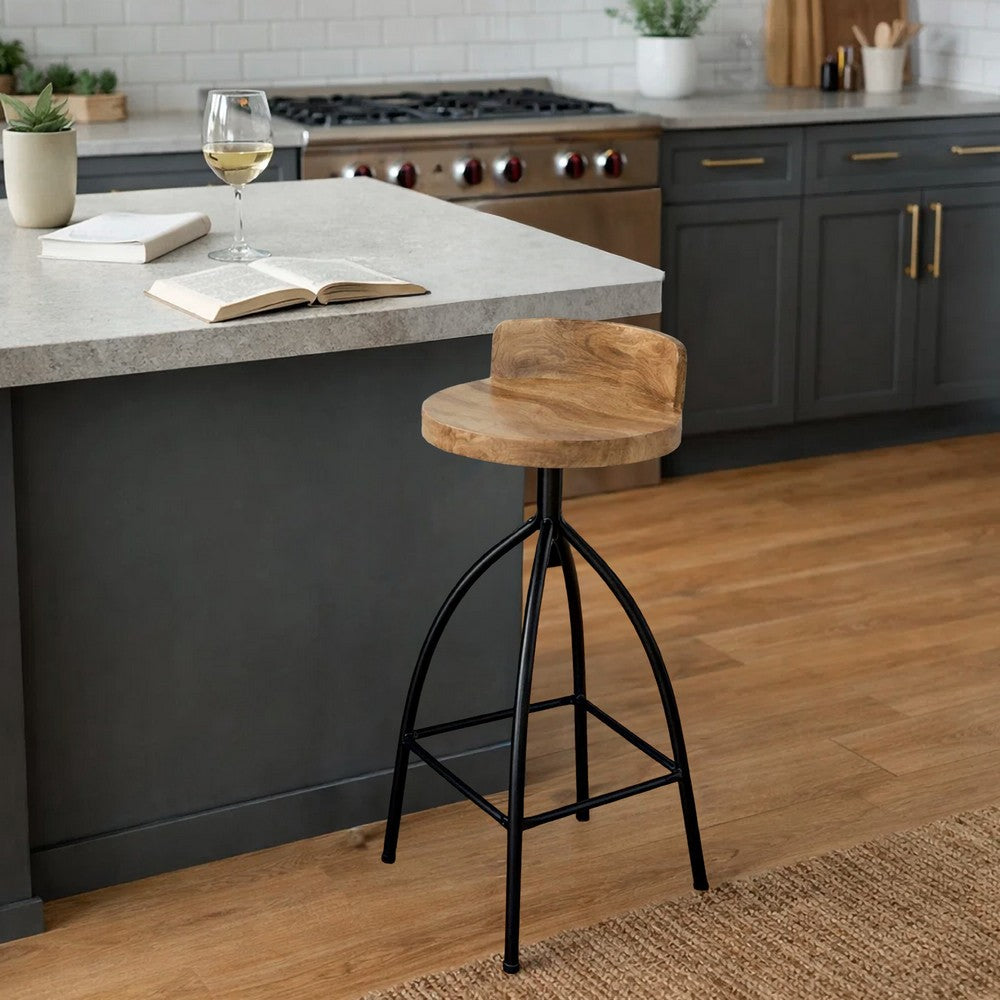 Pia 32-35 Extra Tall Adjustable Barstool, Set of 2, Natural Brown Mango Wood Seat, Black Iron Frame By The Urban Port