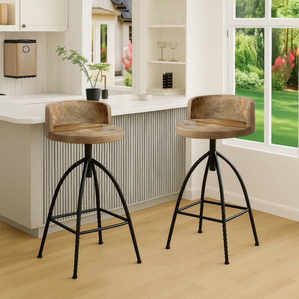 Pia 32-35 Extra Tall Adjustable Barstool, Natural Brown Mango Wood Seat, Black Iron Frame By The Urban Port