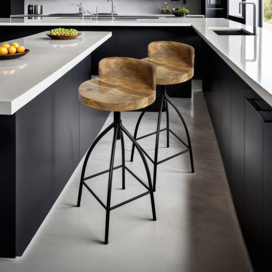 Pia 32-35 Extra Tall Adjustable Barstool, Set of 2, Natural Brown Mango Wood Seat, Black Iron Frame By The Urban Port