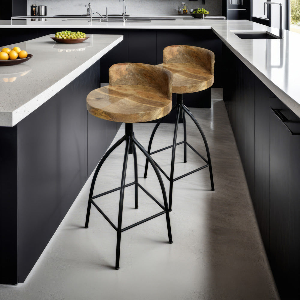 Pia 32-35 Extra Tall Adjustable Barstool Natural Brown Mango Wood Seat Black Iron Frame By The Urban Port